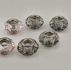 Lot of 6 Faceted Acrylic European Charm Beads Pink & Gray Crystal Core Fit
